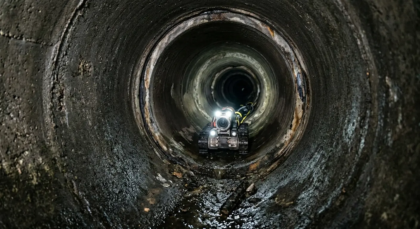Robotic sewer camera inspecting pipe interior for Sewer Line Cleaning in Center Line