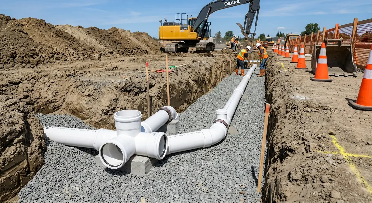 New PVC sewer pipe installation in open trench for Grease Trap Cleaning in Center Line