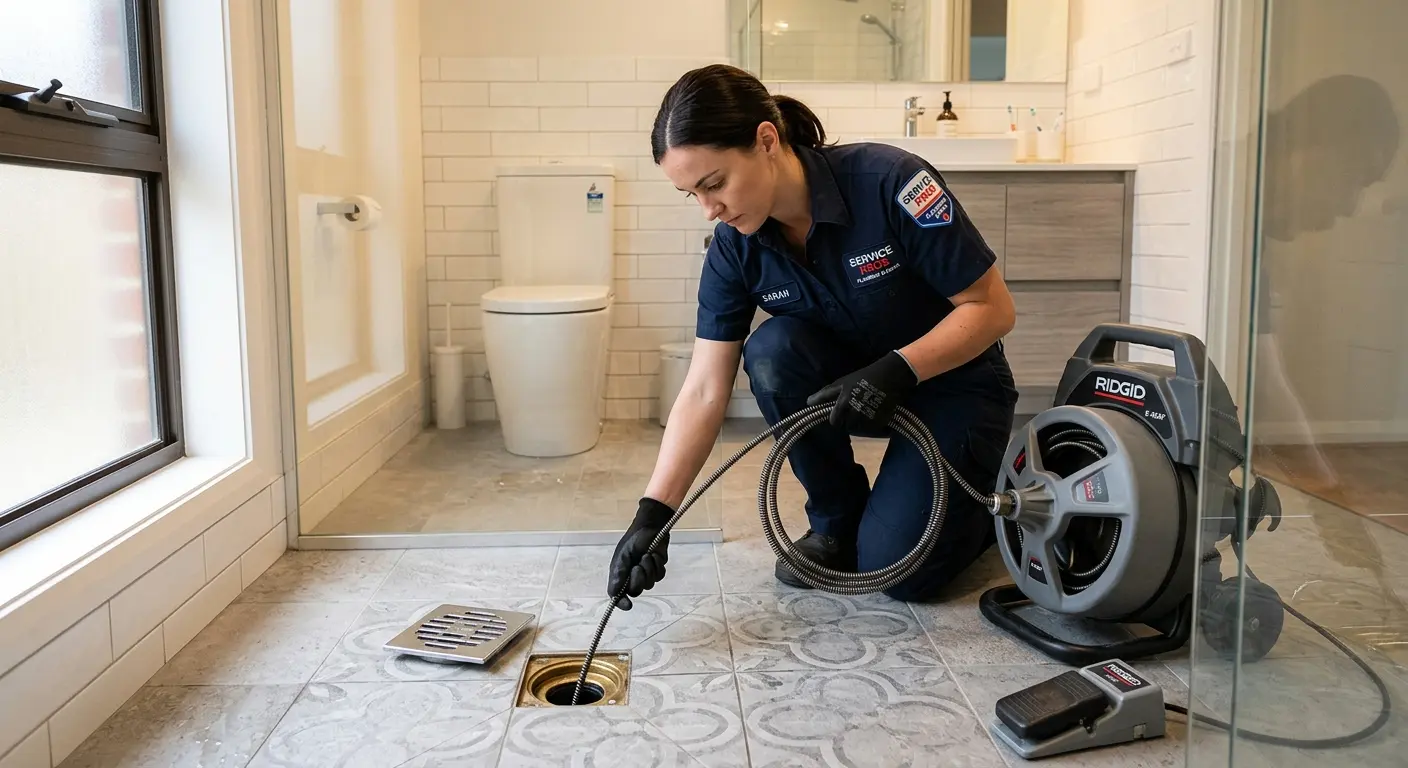 Technician clearing a bathroom floor drain for Sewer Line Installation in Center Line